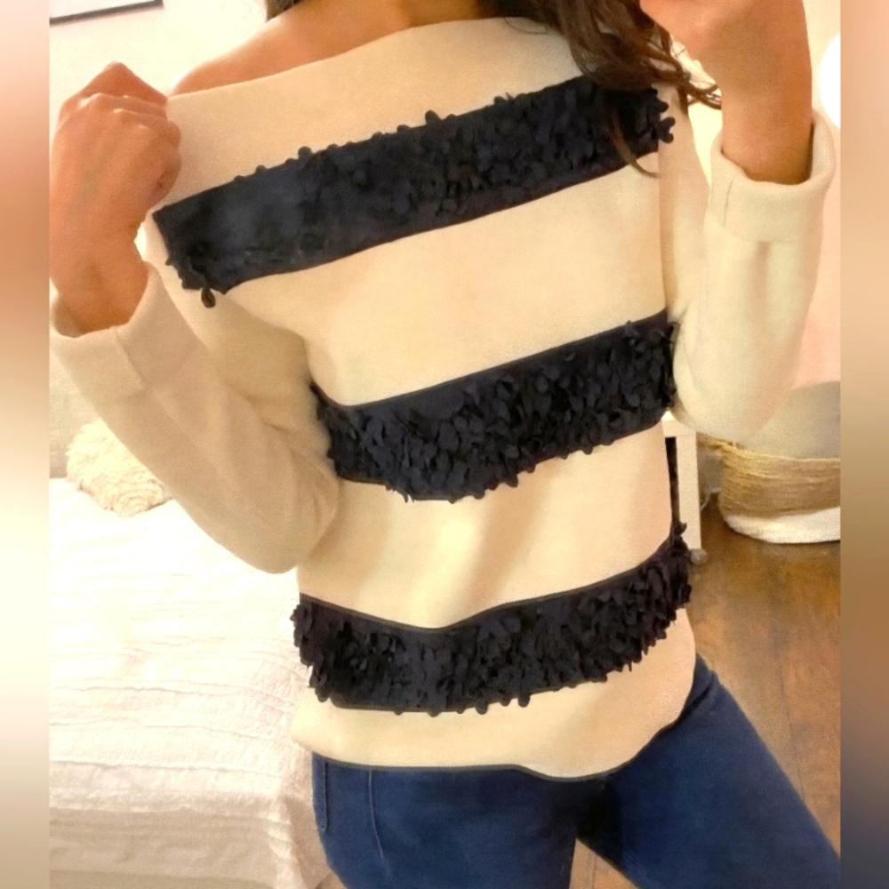 Tory Burch Cream Knit Top With Silk Floral Accents.